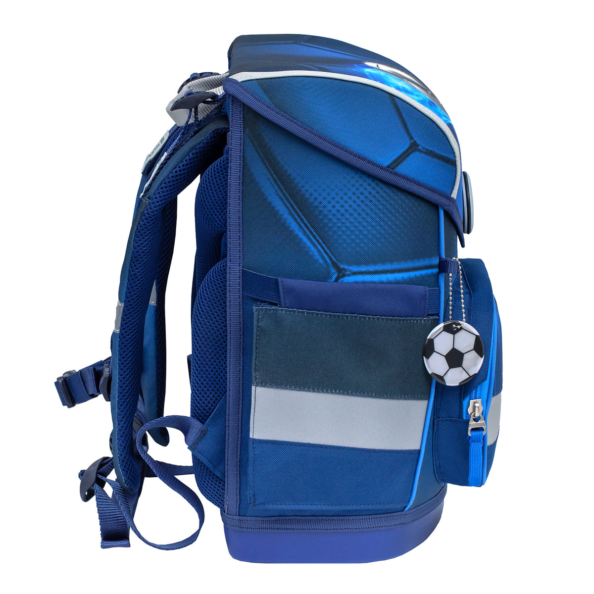 Belmil Compact Ergonomic School Bag Set “Football 4” Design + Dinosaur Raincoat – 5-Piece Set for Boys featuring reflective elements for visibility.