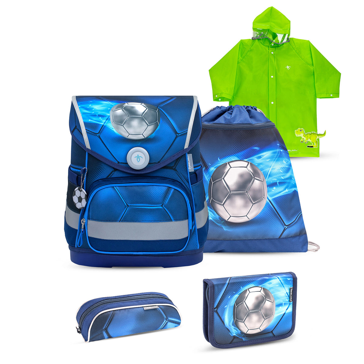 Belmil Compact Ergonomic School Bag Set “Football 4” Design + Dinosaur Raincoat – 5-Piece Set for Boys showcasing the lightweight design and ergonomic back panel.