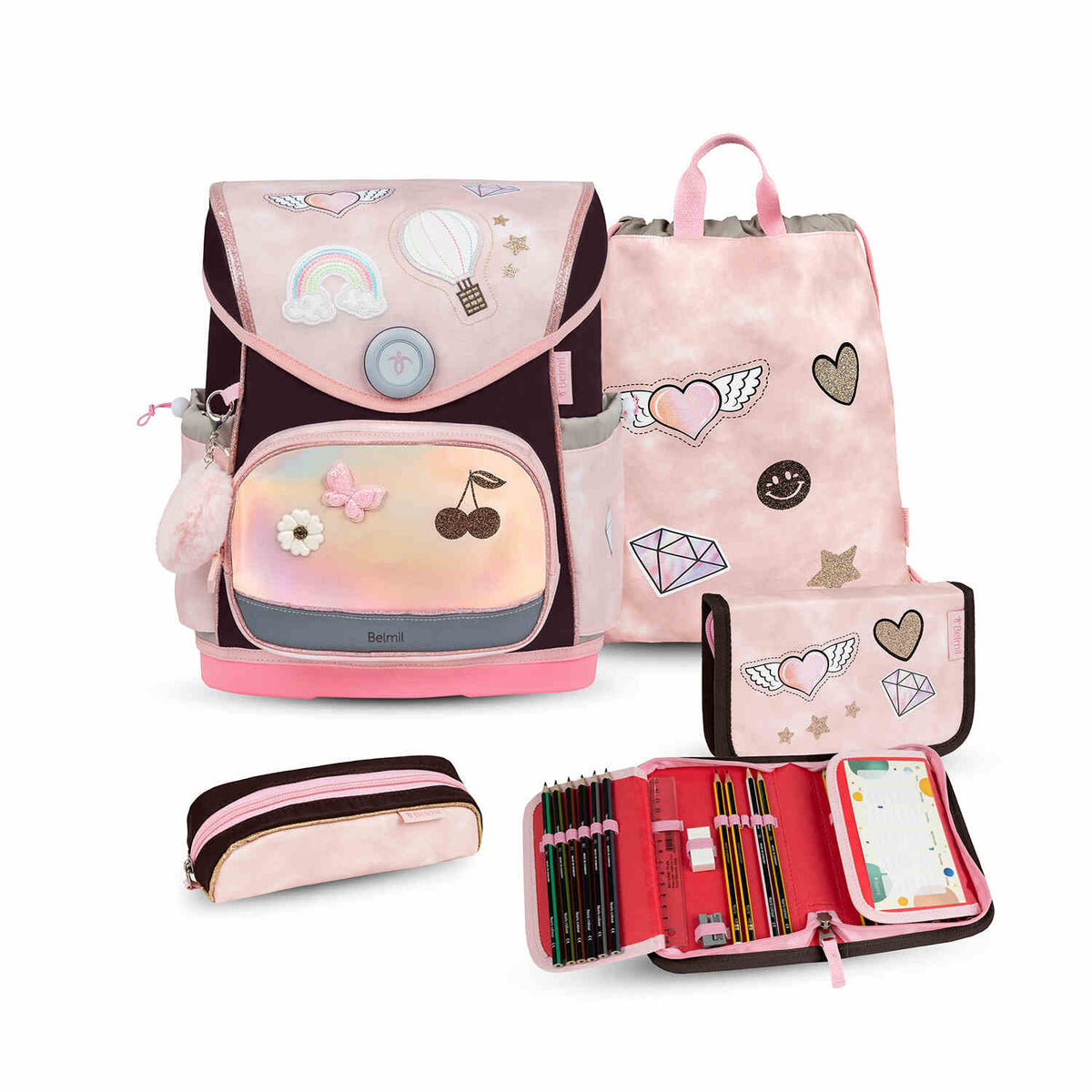 Premium Belmil School Bag Set for Girls – Compact Plus Glam schoolbag set 5 pcs, featuring an ergonomic design for comfort.
