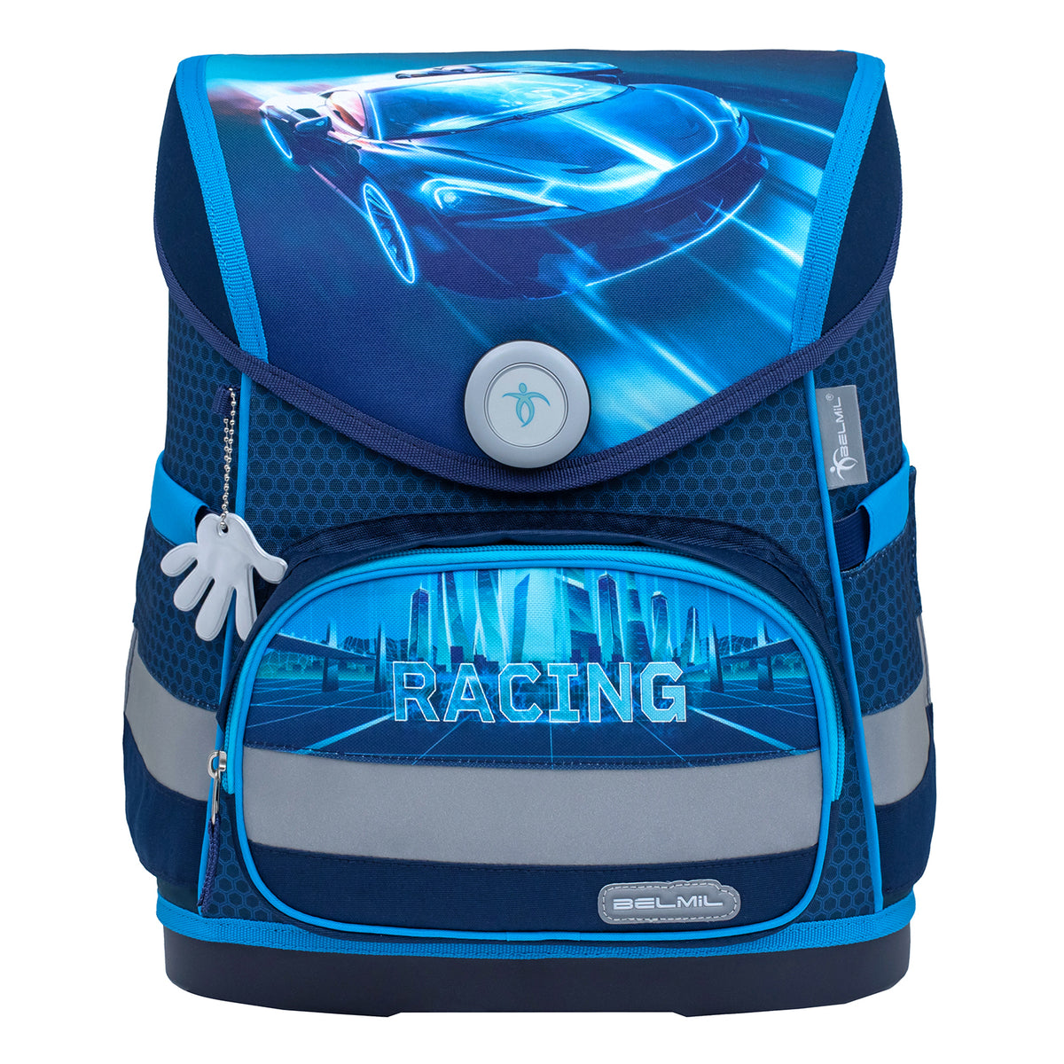 Features of the Belmil Compact Ergonomic School Bag Set “Racing Blue Neon” Design + Dinosaur Raincoat – 5-Piece Set for Boys highlighting the lightweight and breathable materials.