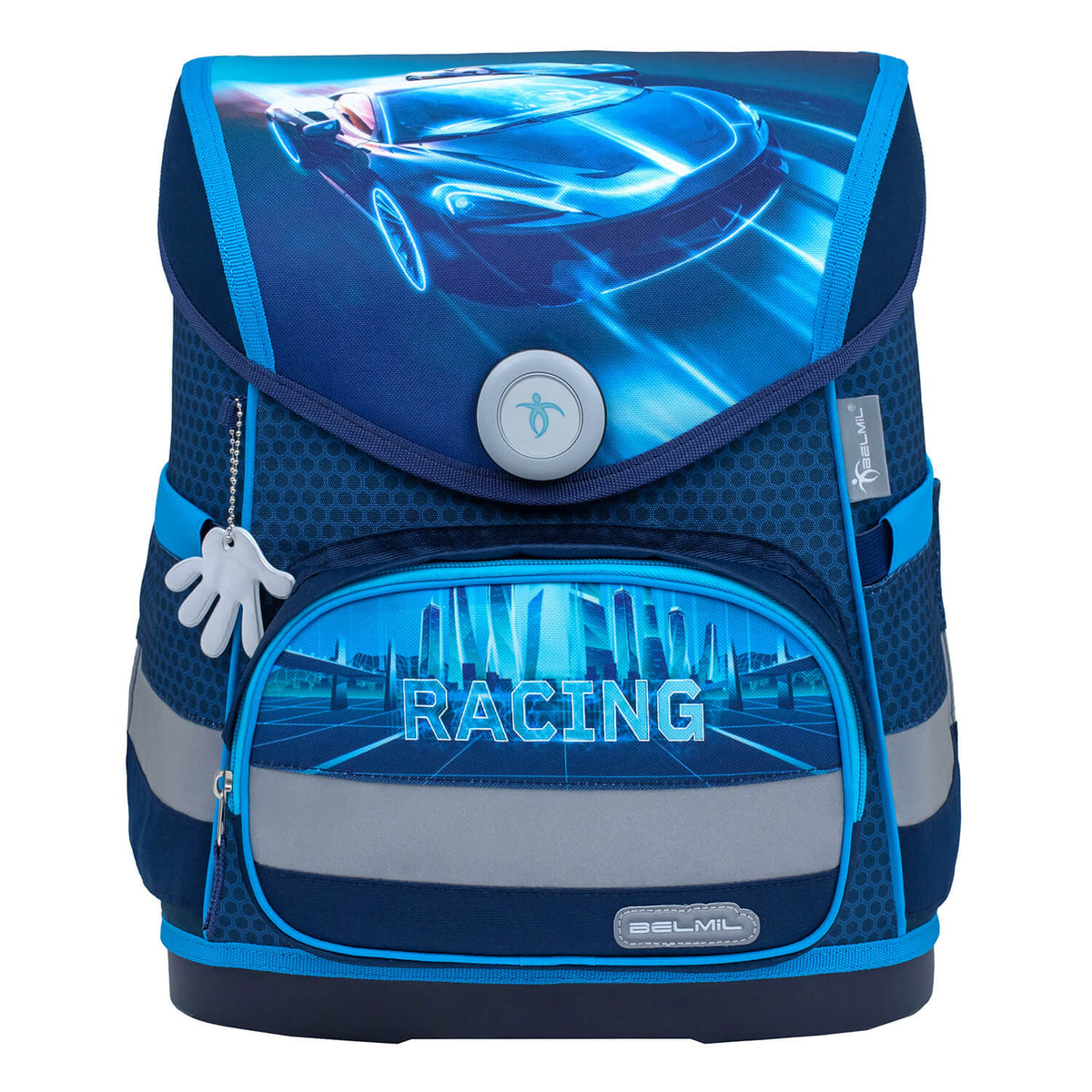 All four pieces of the Ergonomic School Bag Set for Boys – Belmil Compact Racing Blue Neon schoolbag set 4 pcs neatly displayed together.