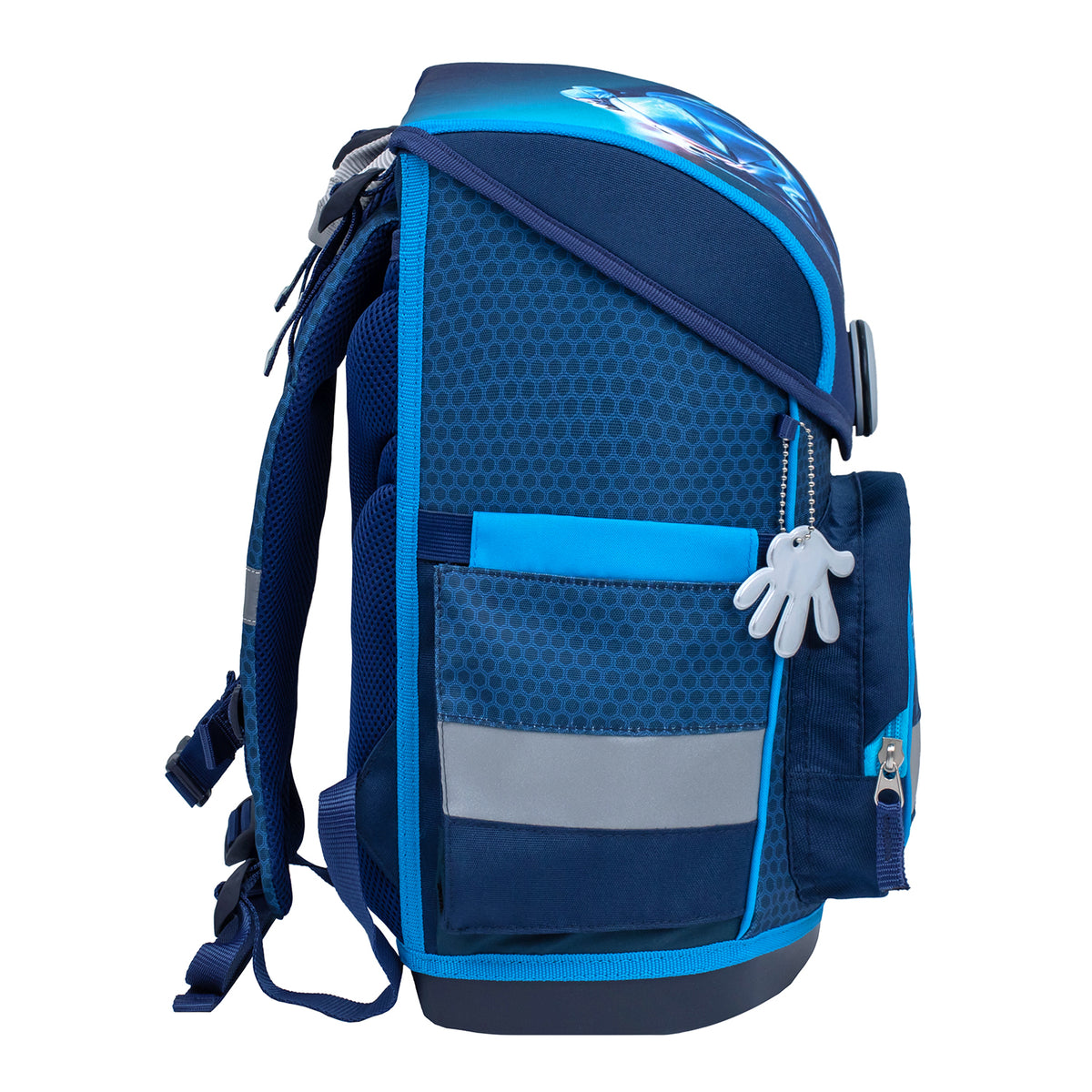 Reflective details on the Belmil Compact Ergonomic School Bag Set “Racing Blue Neon” Design + Dinosaur Raincoat – 5-Piece Set for Boys enhancing visibility and safety.