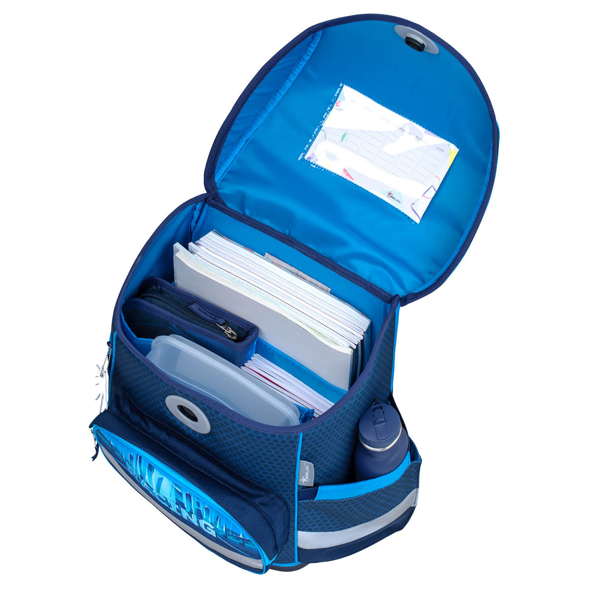 Children using the Ergonomic School Bag Set for Boys – Belmil Compact Racing Blue Neon schoolbag set 4 pcs while walking to school.