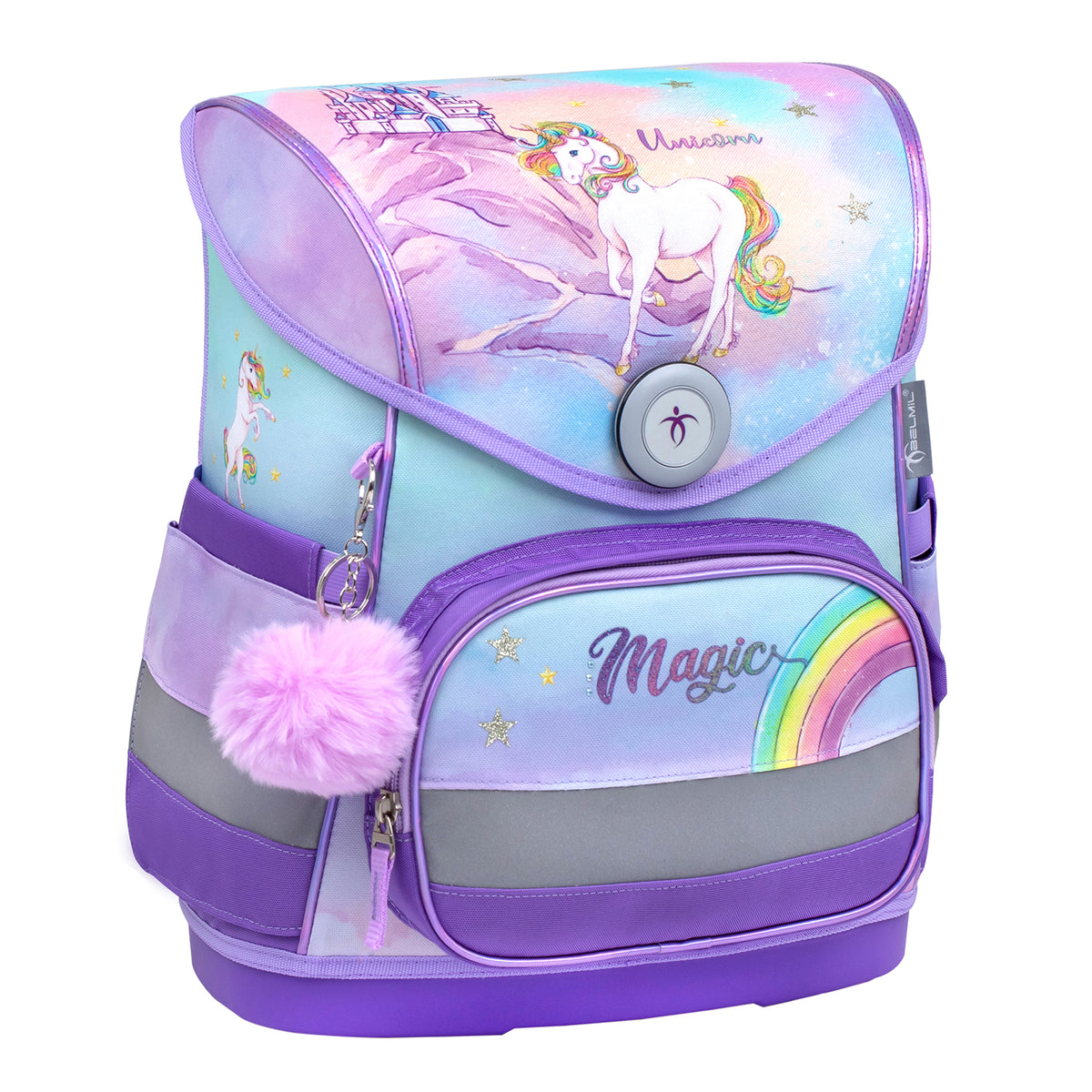 Belmil Compact Ergonomic School Bag Set “Rainbow Unicorn Magic” Design featuring the included unicorn raincoat ready for rainy days.