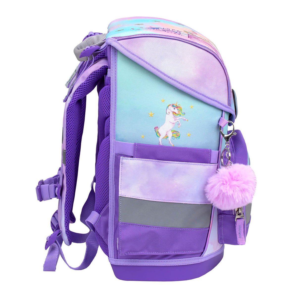 Reflective elements on the Ergonomic School Bag Set for Girls – Belmil Compact Rainbow Unicorn Magic schoolbag set 4 pcs for enhanced visibility.