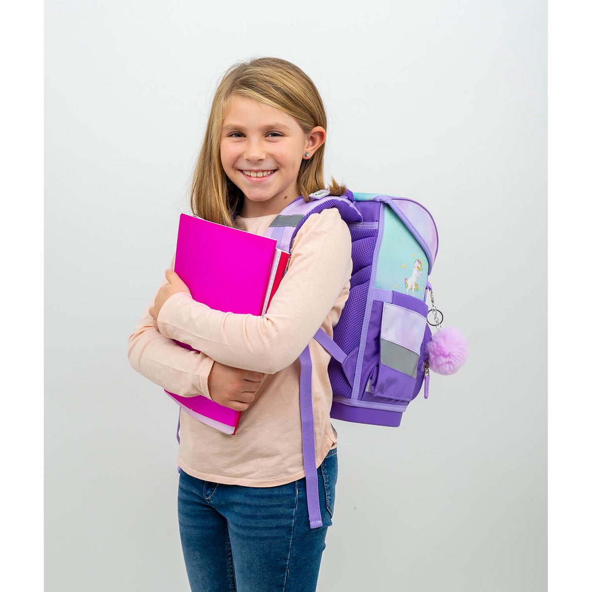 Close-up of the ergonomic shoulder straps on the Ergonomic School Bag Set for Girls – Belmil Compact Rainbow Unicorn Magic schoolbag set 4 pcs.