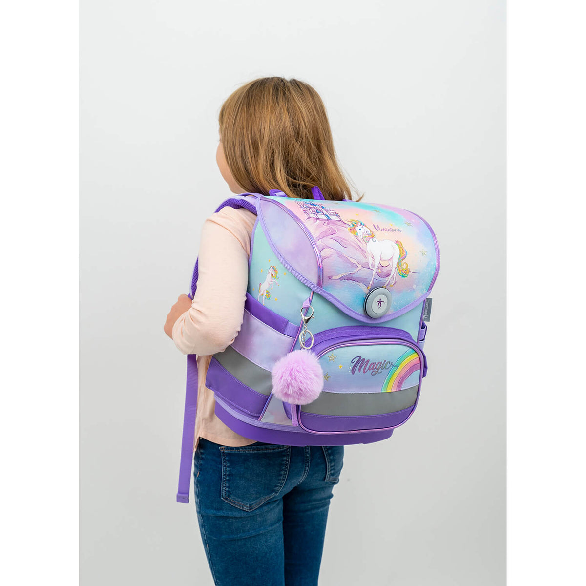 The spacious interior with compartments of the Ergonomic School Bag Set for Girls – Belmil Compact Rainbow Unicorn Magic schoolbag set 4 pcs, ideal for school essentials.