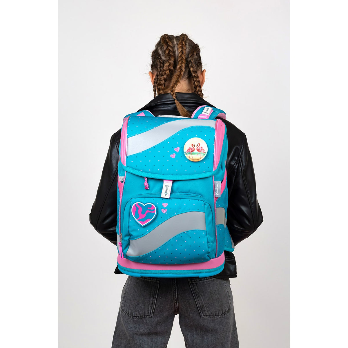 Belmil Smarty Hearts and Dots Ergonomic School Bag Set – 5-Piece Set with 9 Interchangeable Patches and Hip Belt with detachable hip belt for weight distribution.