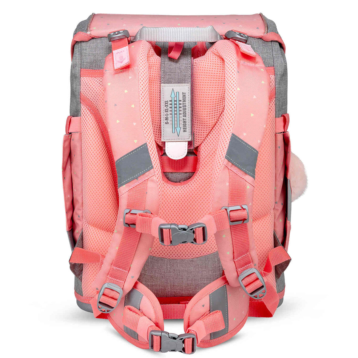 The inner compartment of the Belmil Smarty Minimal Triangels Ergonomic School Bag Set – 5-Piece Set with 9 Interchangeable Patches and Hip Belt, highlighting organization features.