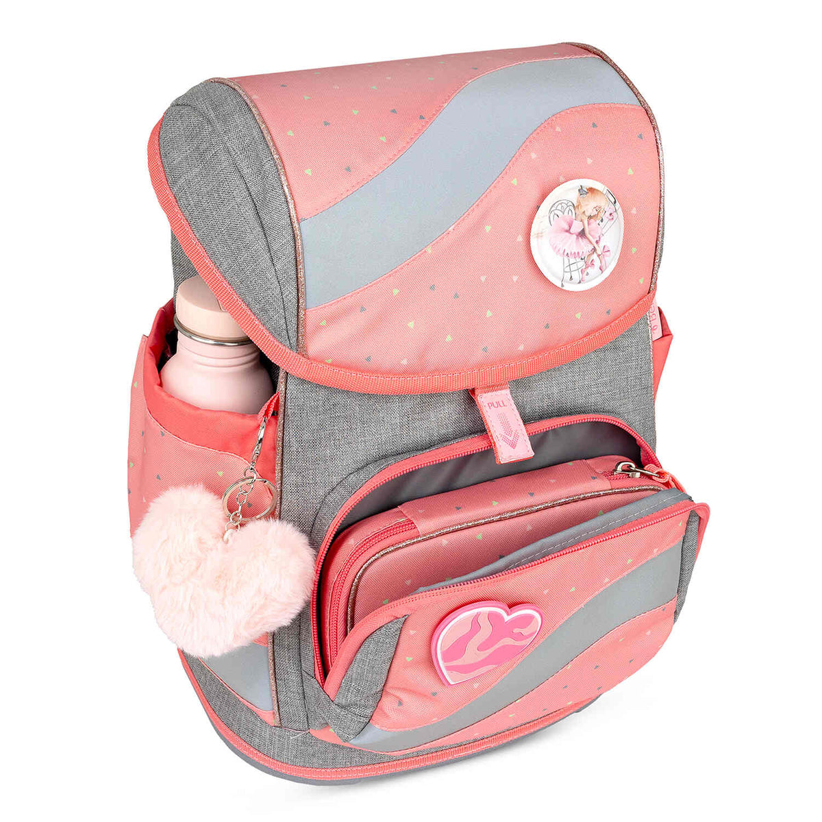 The matching drawstring bag from the Belmil Smarty Minimal Triangels Ergonomic School Bag Set – 5-Piece Set with 9 Interchangeable Patches and Hip Belt, styled in a pink design.