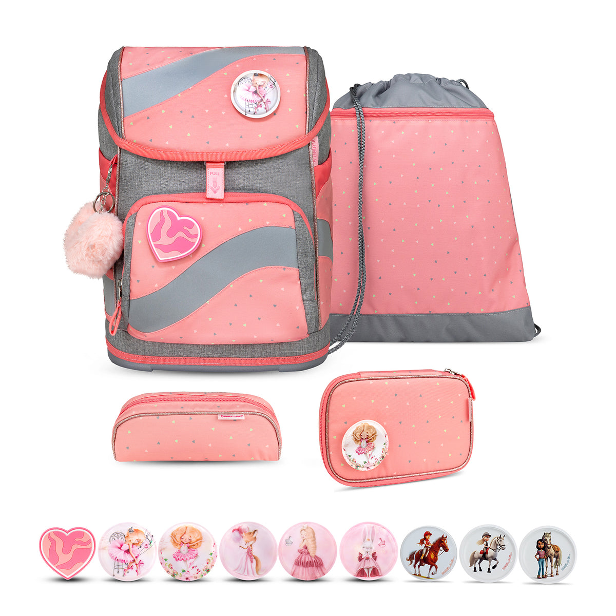 Belmil Smarty Minimal Triangels Ergonomic School Bag Set – 5-Piece Set with 9 Interchangeable Patches and Hip Belt displayed with vibrant pink and gray design features, including interchangeable patches and accessories.