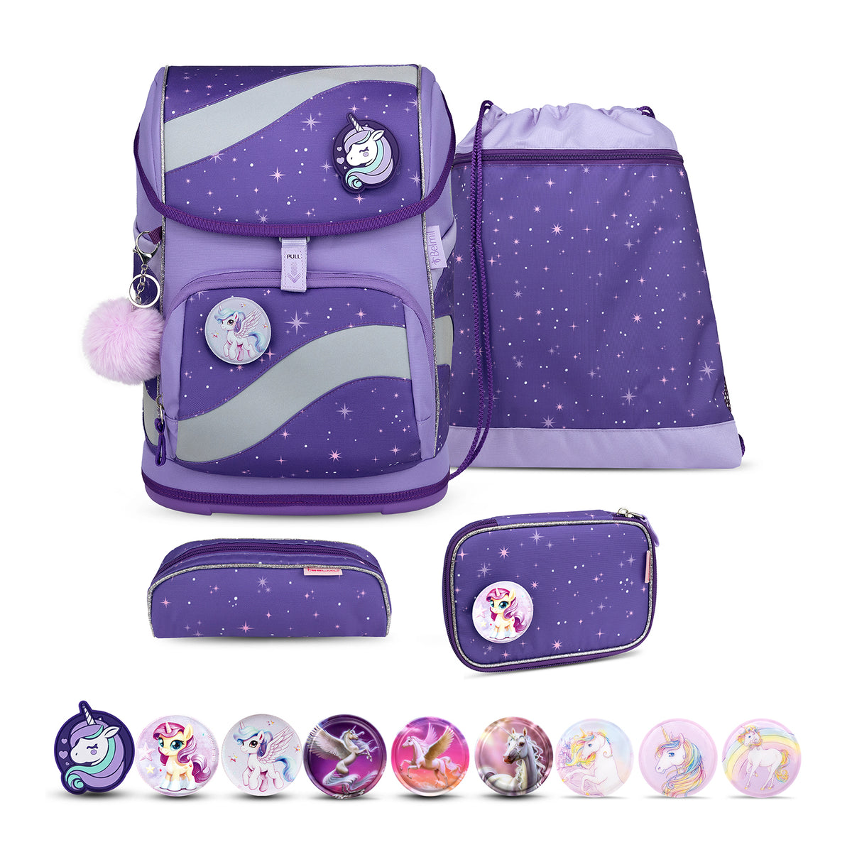 Belmil Smarty Starlight Ergonomic School Bag Set for Girls – 5-Piece Set with Hip Belt and 9 Patches, featuring ergonomic design, adjustable straps, and colorful unicorn patches.