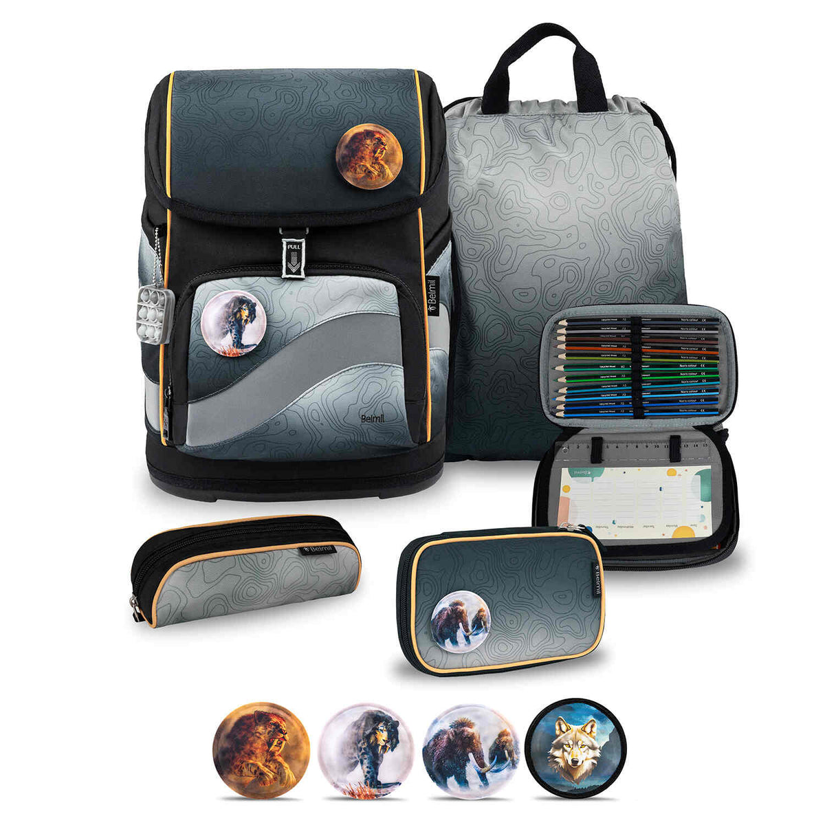 Premium Belmil School Bag Set for Boys – Smarty Plus Black Grey schoolbag set 6 pcs