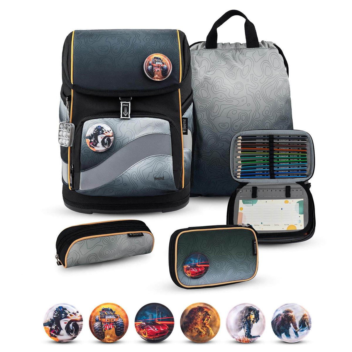 Premium Belmil School Bag Set for Boys – Smarty Plus Black Grey schoolbag set 6 pcs