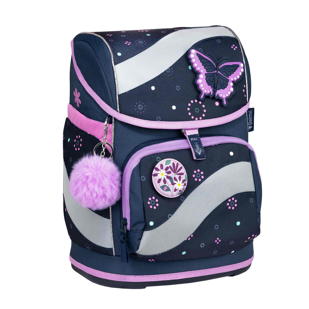 The interior of the Belmil Smarty Flowers Blue Ergonomic School Bag Set for Girls – 5-Piece Set with 9 Patches and Hip Belt showing organizational compartments.