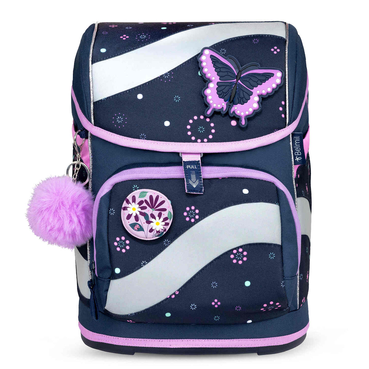 Side view of the Belmil Smarty Flowers Blue Ergonomic School Bag Set for Girls – 5-Piece Set with 9 Patches and Hip Belt highlighting its ergonomic design.