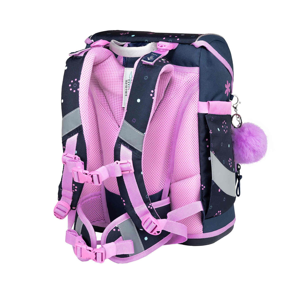 Back view of the Belmil Smarty Flowers Blue Ergonomic School Bag Set for Girls – 5-Piece Set with 9 Patches and Hip Belt with padded straps.