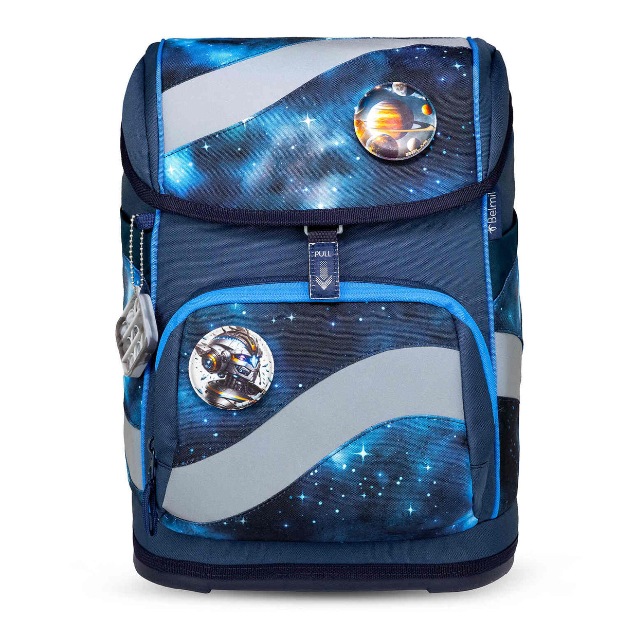 Slide-to-open Fidlock magnetic buckle on Belmil Smarty Galaxy school bag for easy and secure closure for kids.