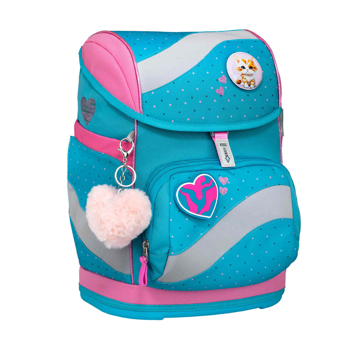 Belmil Smarty Hearts and Dots Ergonomic School Bag Set – 5-Piece Set with 9 Interchangeable Patches and Hip Belt demonstrating its stable construction and ultra-lightweight design.