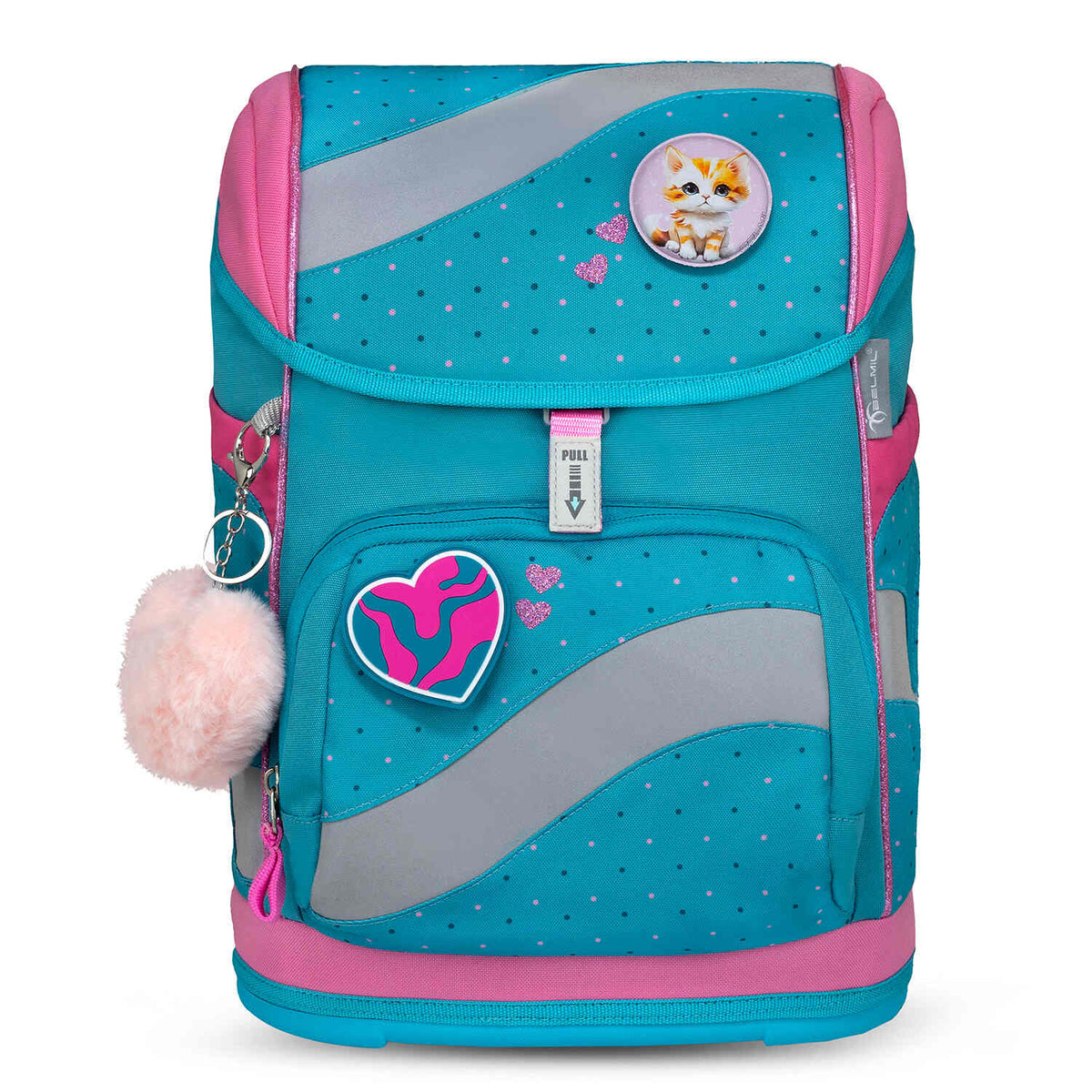 Belmil Smarty Hearts and Dots Ergonomic School Bag Set – 5-Piece Set with 9 Interchangeable Patches and Hip Belt featuring a slide-to-open Fidlock magnetic buckle for easy use.