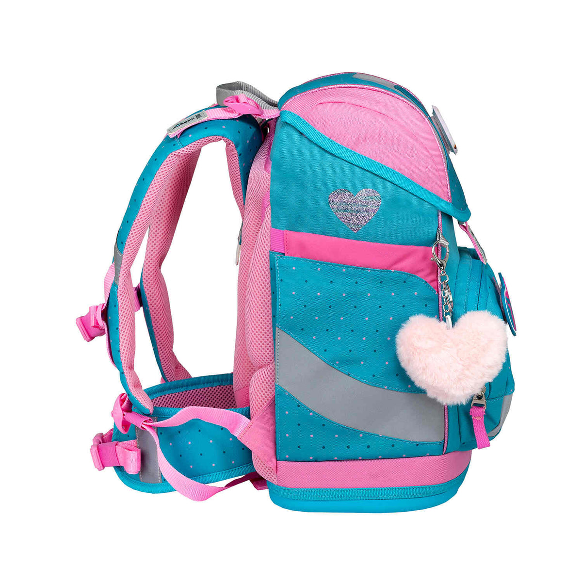 Belmil Smarty Hearts and Dots Ergonomic School Bag Set – 5-Piece Set with 9 Interchangeable Patches and Hip Belt displaying smart internal organizers and side pockets.