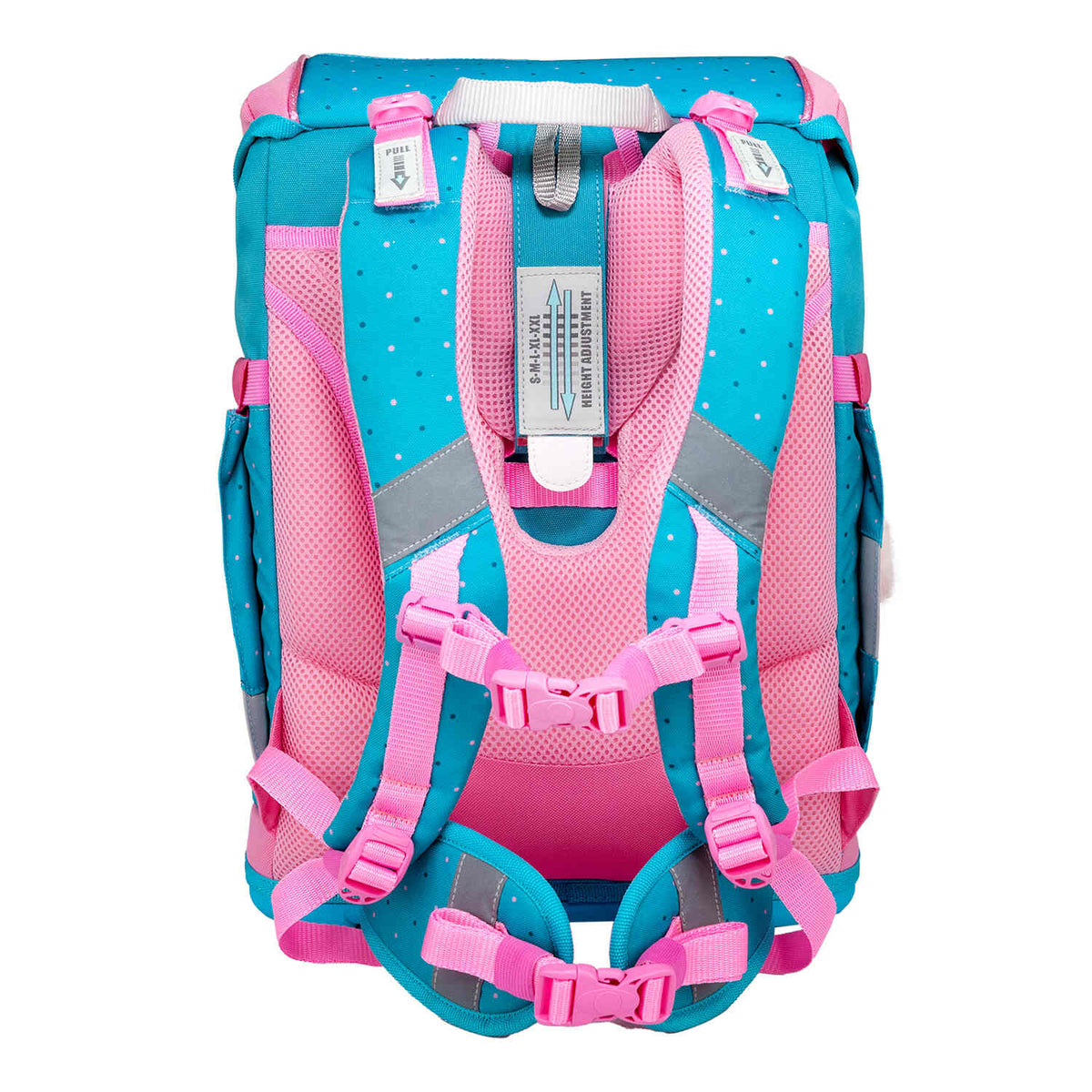 Belmil Smarty Hearts and Dots Ergonomic School Bag Set – 5-Piece Set with 9 Interchangeable Patches and Hip Belt featuring all included items like the school bag and matching accessories.