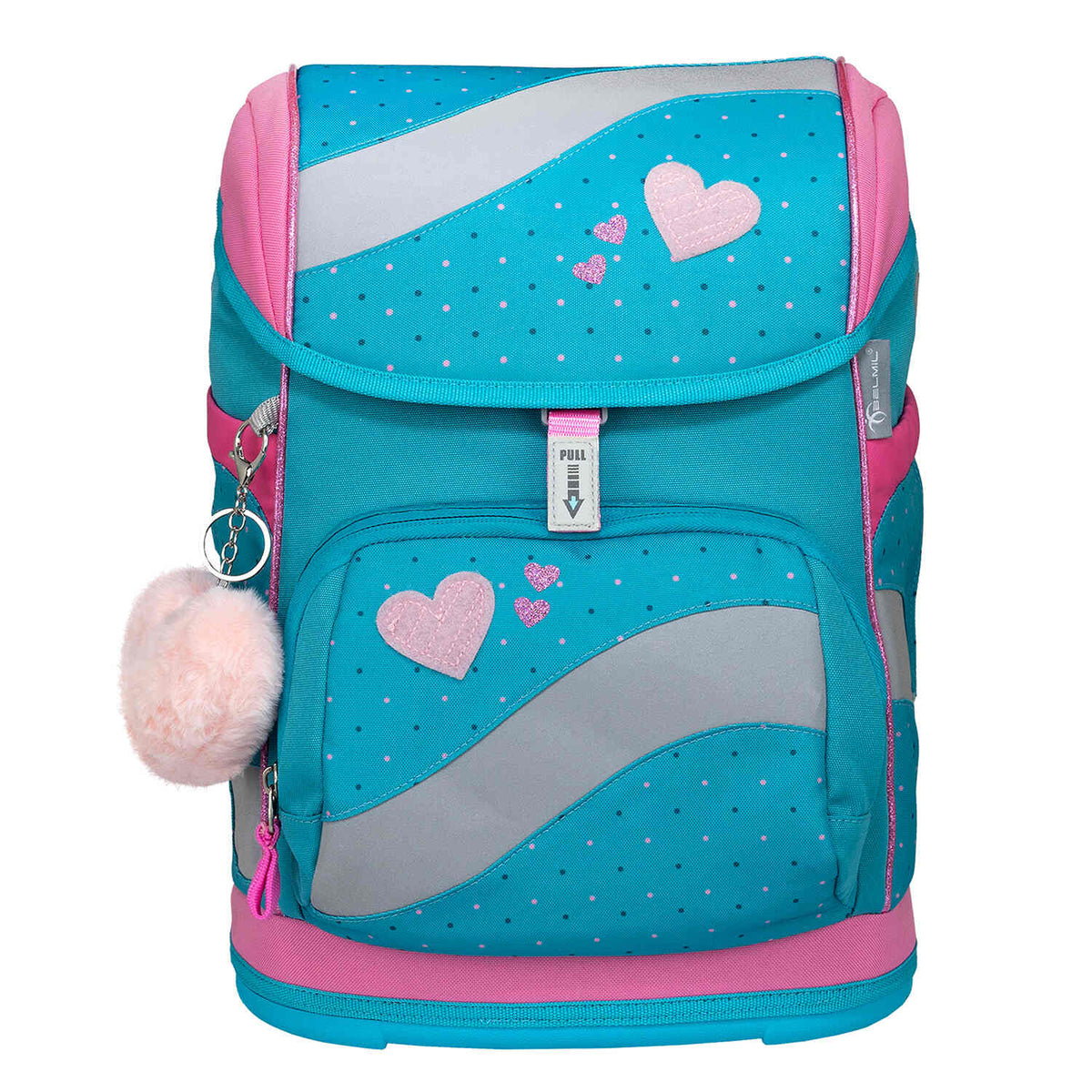 Belmil Smarty Hearts and Dots Ergonomic School Bag Set – 5-Piece Set with 9 Interchangeable Patches and Hip Belt showcasing reflective elements for enhanced visibility.