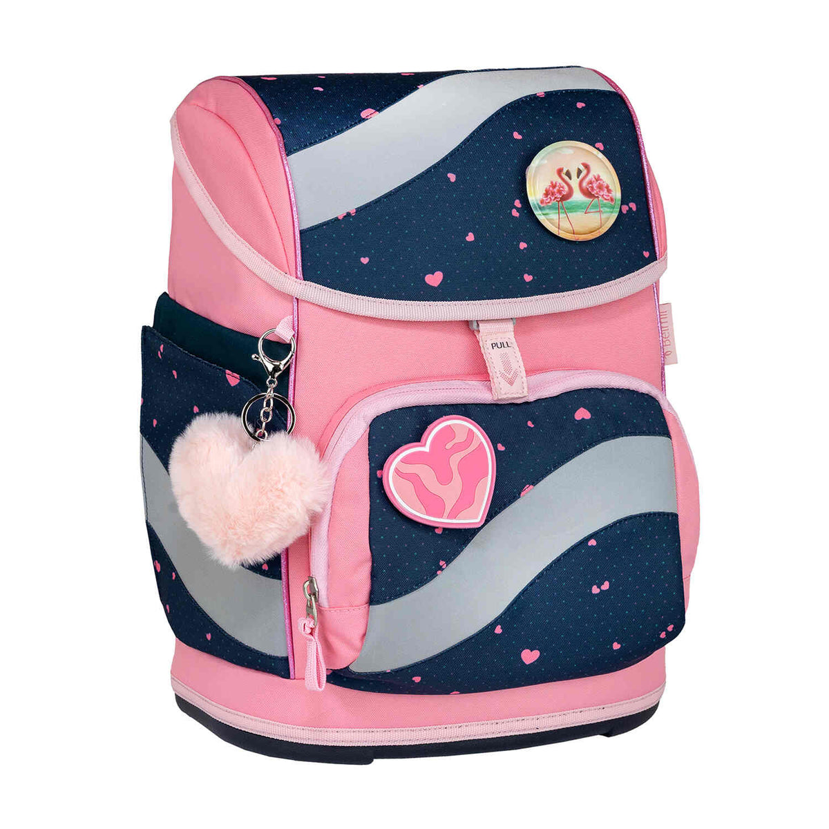 Displaying the cute patches of the Belmil Smarty In Love With Hearts Ergonomic School Bag Set – 5-Piece Set with 9 Interchangeable Patches and Hip Belt for personalization.