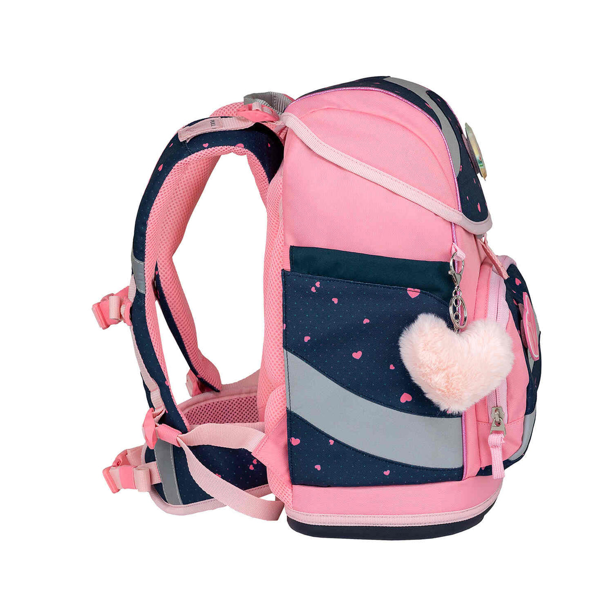 Showing the fun design of the Belmil Smarty In Love With Hearts Ergonomic School Bag Set – 5-Piece Set with 9 Interchangeable Patches and Hip Belt perfect for kids.