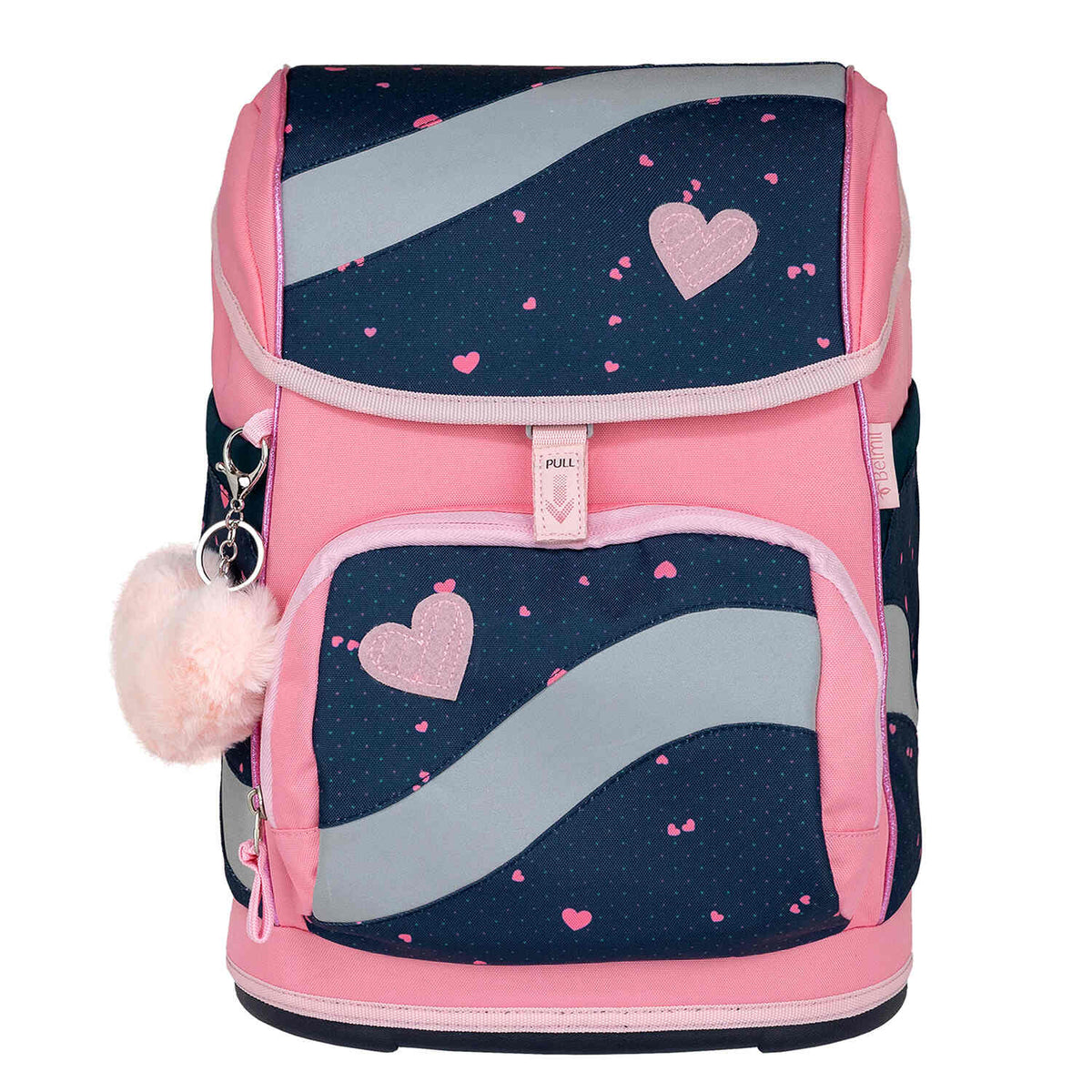 The Belmil Smarty In Love With Hearts Ergonomic School Bag Set – 5-Piece Set with 9 Interchangeable Patches and Hip Belt showcasing its detachable hip belt and adjustable straps.