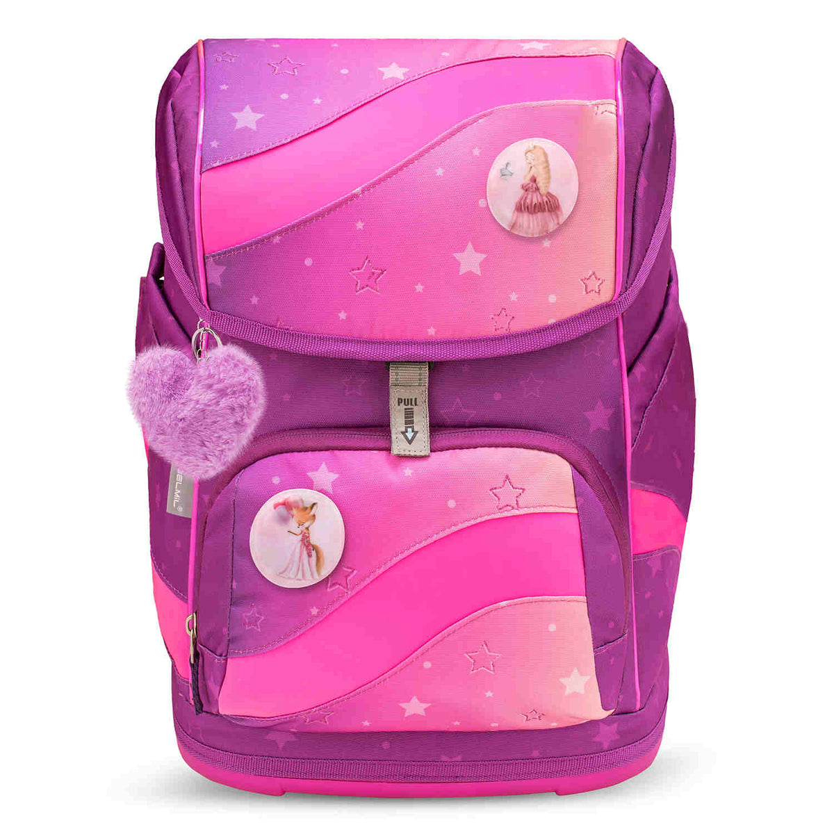 All three designs of the Belmil Patch Set – 3-Piece Velcro Patches "Princess" on a stylish backpack.