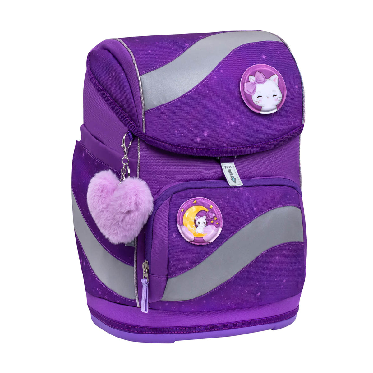 Side view of the Belmil Smarty Purple Sky Ergonomic School Bag Set – 5-Piece Set with 9 Interchangeable Patches and Hip Belt emphasizes its ergonomic design, ideal for girls in school in 2025. Available for SALE, a trendy choice for young students.