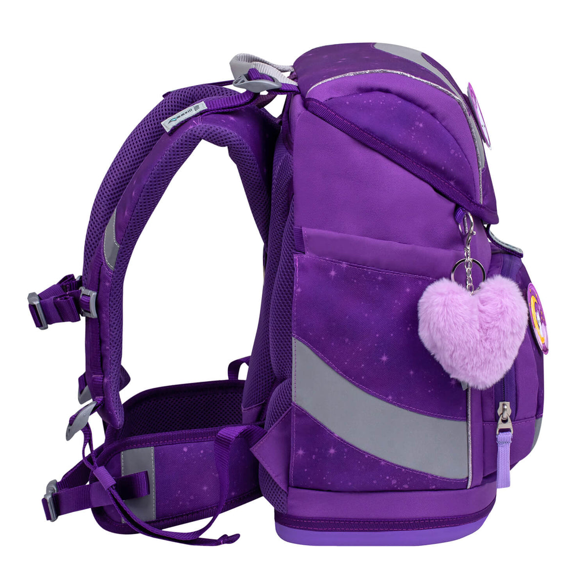 Front view of the Belmil Smarty Purple Sky Ergonomic School Bag Set – 5-Piece Set with 9 Interchangeable Patches and Hip Belt, showcasing vibrant colors and a cute design, perfect for girls in school during 2025 from SALE.