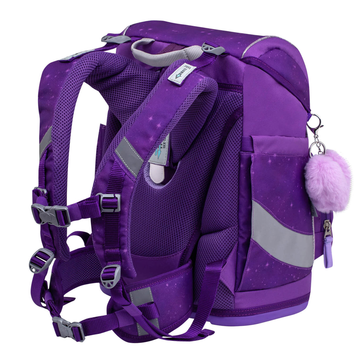 Detailed view of the unique design elements of the Belmil Smarty Purple Sky Ergonomic School Bag Set – 5-Piece Set with 9 Interchangeable Patches and Hip Belt, featuring a soft fluffy accessory. A great choice for schoolgirls in 2025, available on SALE.