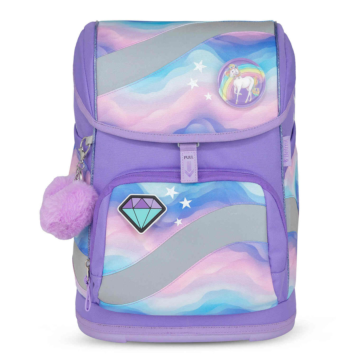 Close-up of the Belmil Smarty Rainbow Land Ergonomic School Bag Set – 5-Piece Set with 9 Interchangeable Patches and Hip Belt featuring the Rainbow Love patches.