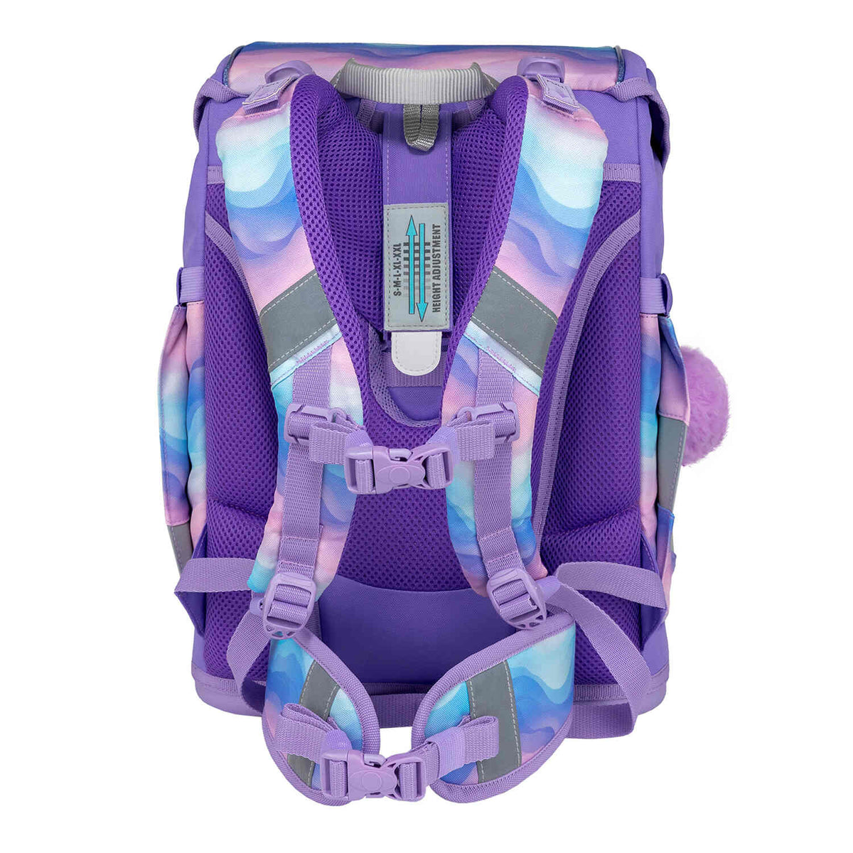 A child happily carrying the Belmil Smarty Rainbow Land Ergonomic School Bag Set – 5-Piece Set with 9 Interchangeable Patches and Hip Belt.