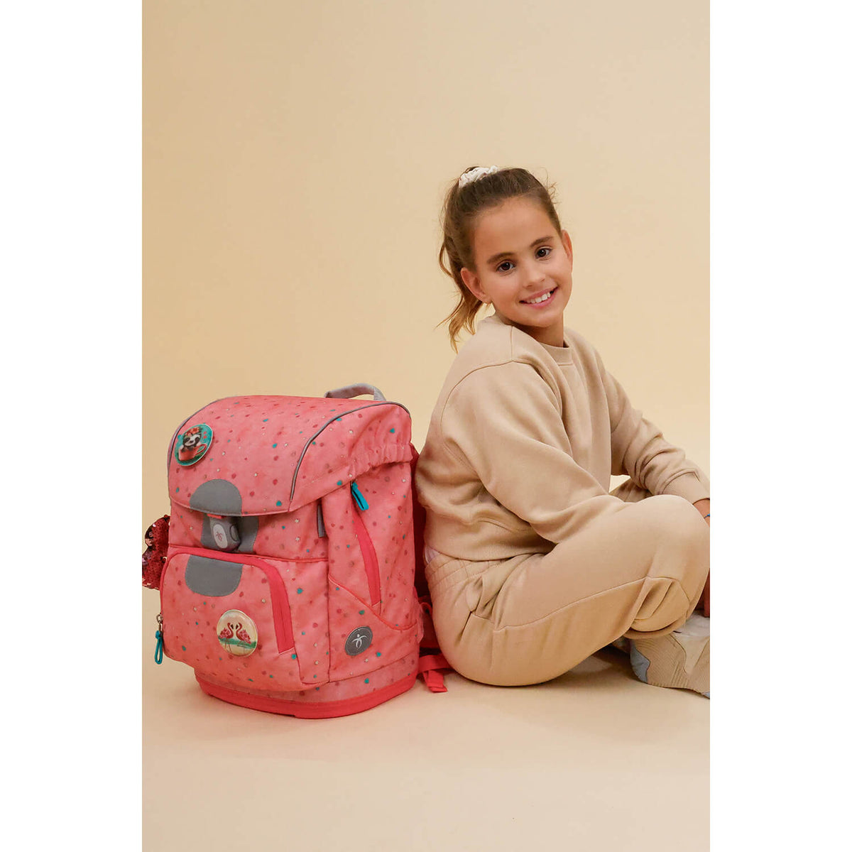 Ergonomic School Bag Set for Girls – Belmil Motion Blue Bird schoolbag set 5 pcs displayed with multiple interior pockets for organization.