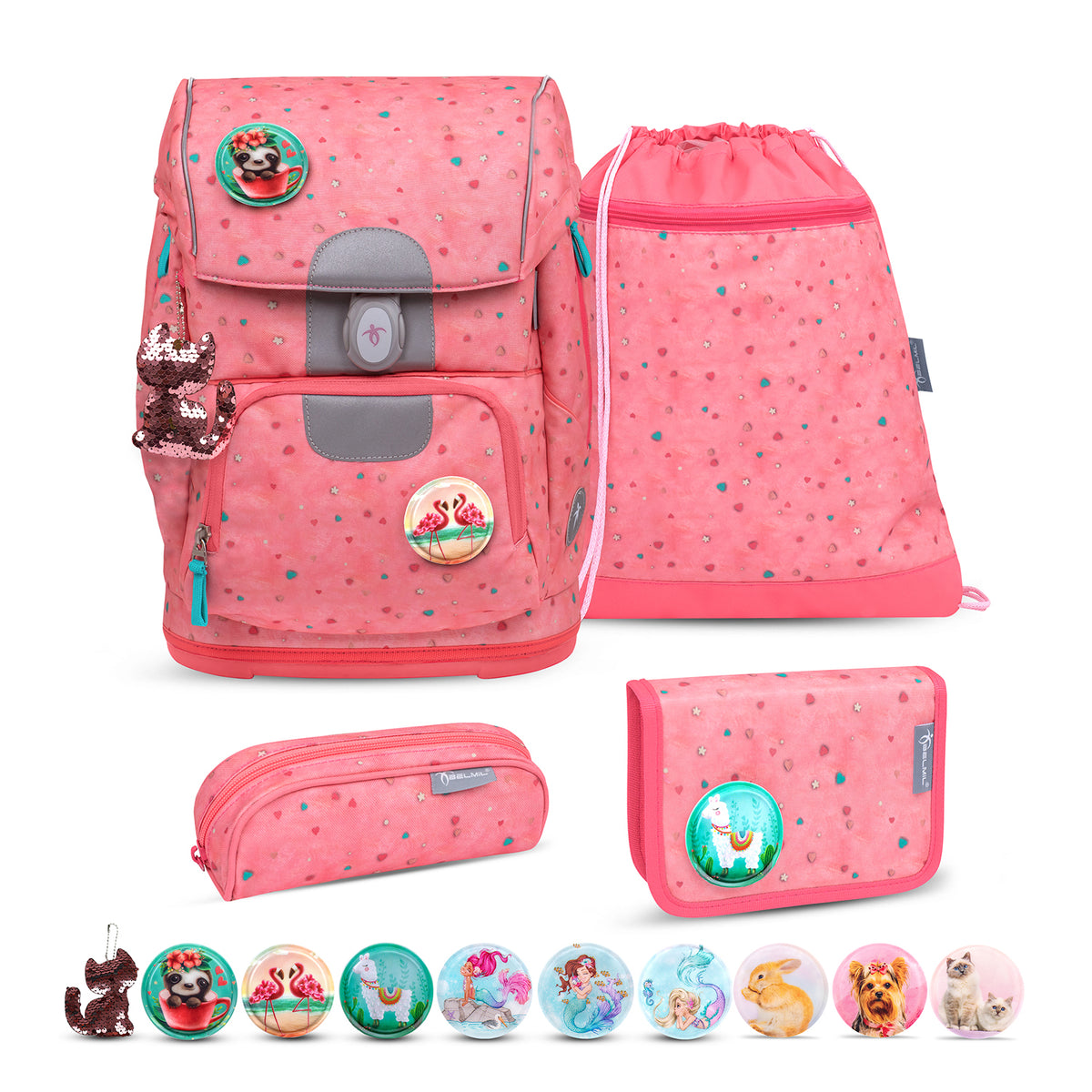 Belmil Motion Blue Bird Ergonomic School Bag Set – Made from Recycled Materials, 5 pcs, with 9 Interchangeable Patches showcasing its eco-friendly design and playful patches.