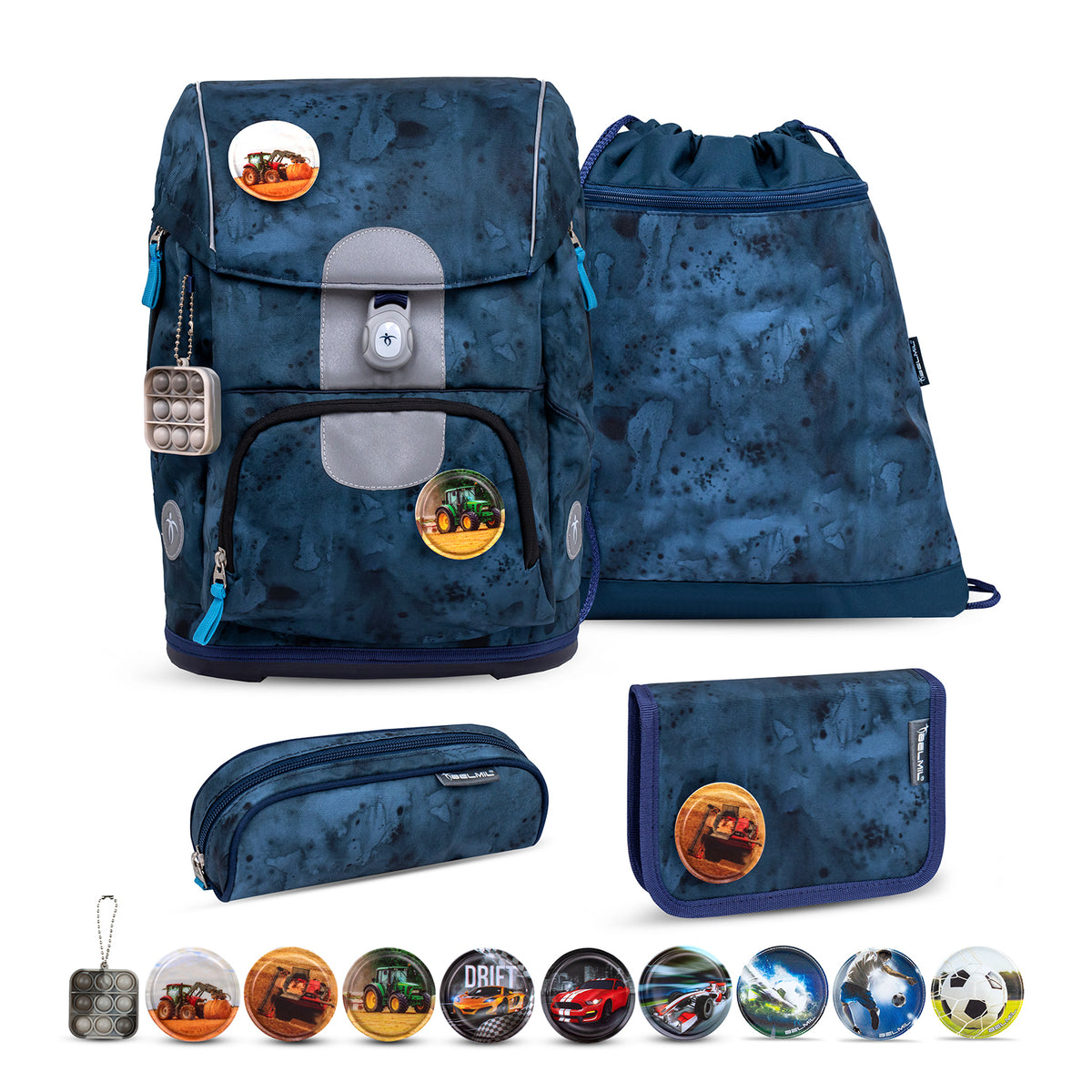 Belmil Motion Blue Splash Ergonomic School Bag Set showcasing adjustable shoulder straps and padded back panel for comfort.