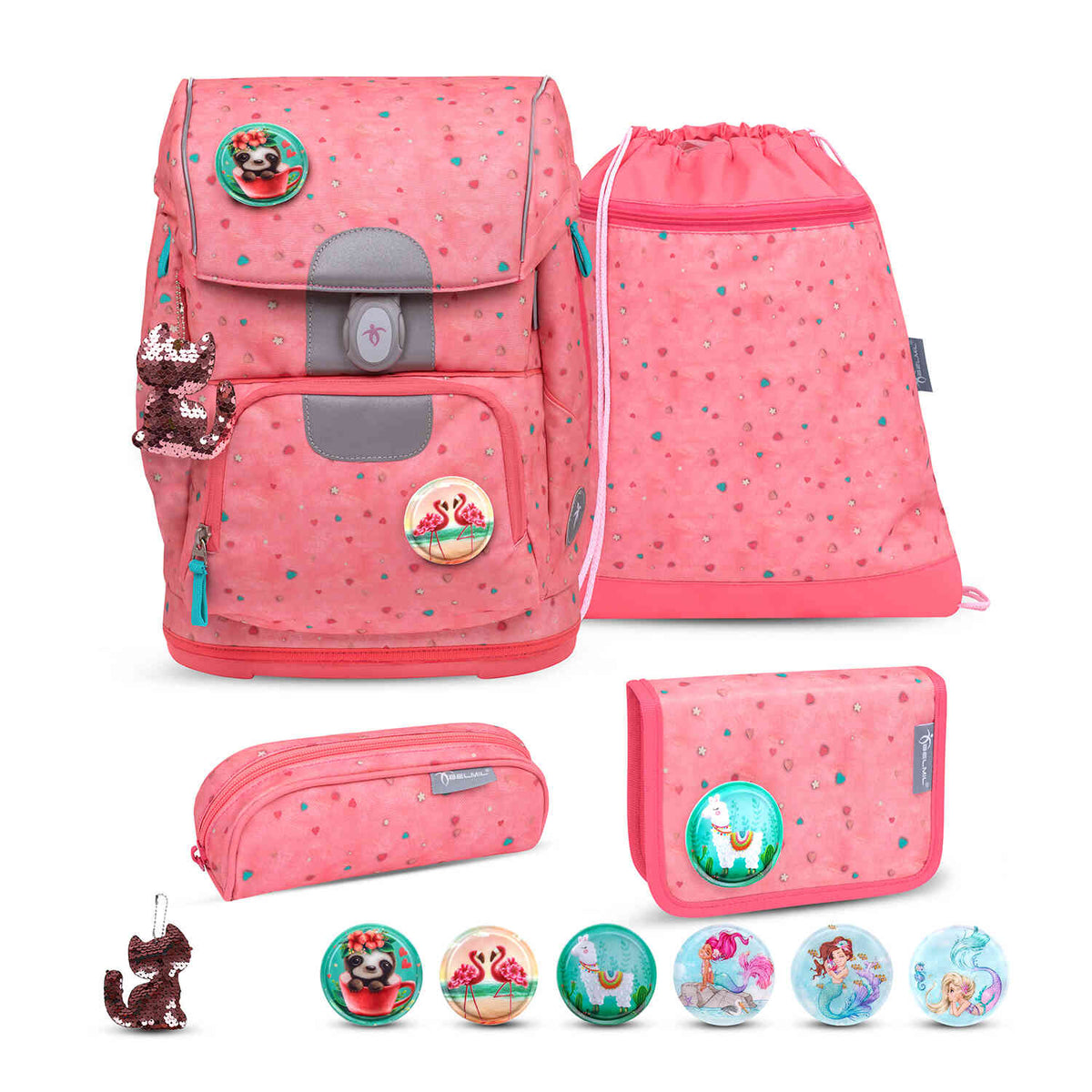 Ergonomic School Bag Set for Girls – Belmil Motion Blue Bird schoolbag set 5 pcs featuring a colorful design and adjustable straps.