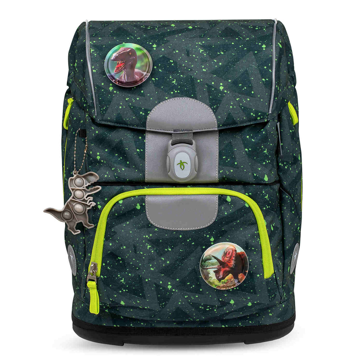 Display of the Belmil Patch Set – 3-Piece Velcro Patches 'Dinosaurs' on a backpack, highlighting the fun and creative way to personalize bags.