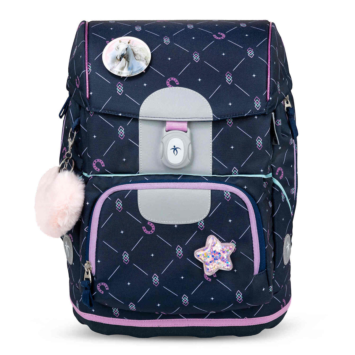 Padded back panel of the Belmil Motion Midnight Gallop Ergonomic School Bag Set – Made from Recycled Materials, 5 pcs, with 9 Interchangeable Patches designed for comfort.