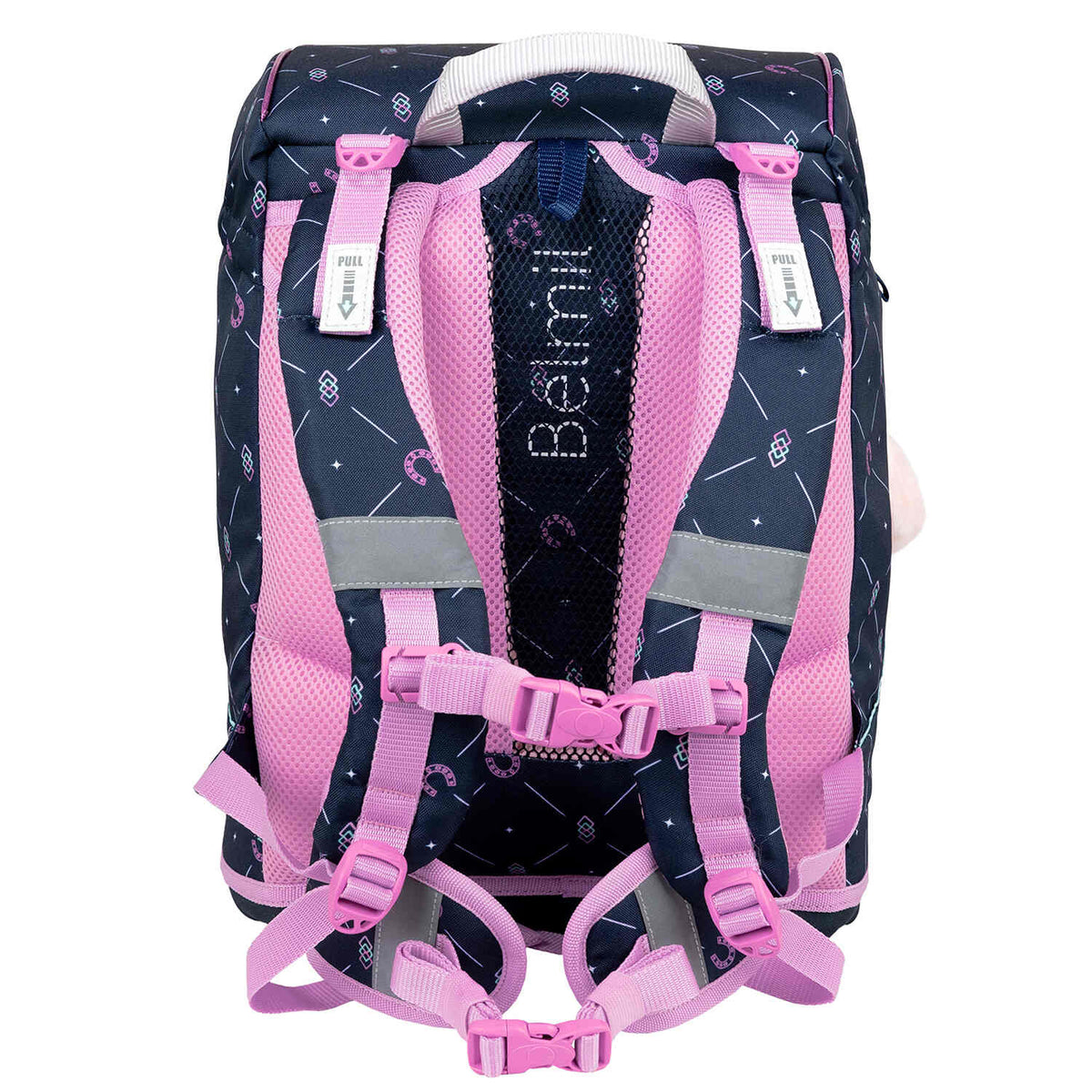 A stylish view of the Belmil Motion Midnight Gallop Ergonomic School Bag Set – Made from Recycled Materials, 5 pcs, with 9 Interchangeable Patches featuring a midnight gallop design.
