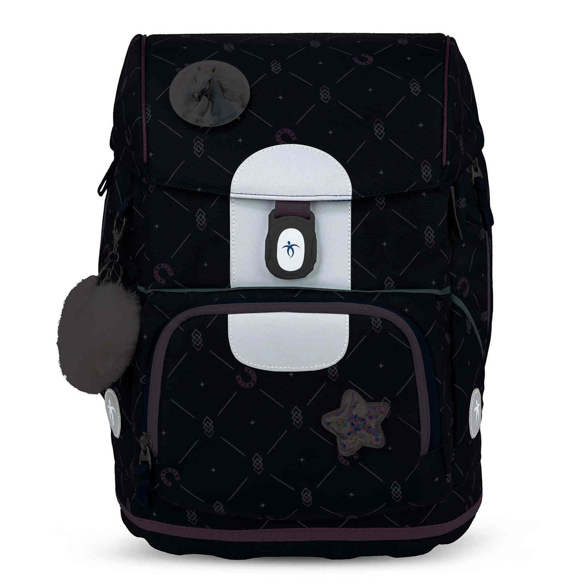 Colorful accessories and features of the Belmil Motion Midnight Gallop Ergonomic School Bag Set – Made from Recycled Materials, 5 pcs, with 9 Interchangeable Patches.