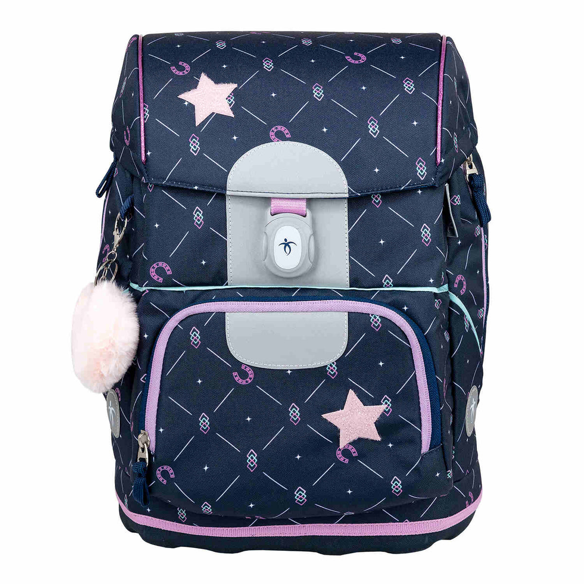 Children using the Belmil Motion Midnight Gallop Ergonomic School Bag Set – Made from Recycled Materials, 5 pcs, with 9 Interchangeable Patches in a school environment.
