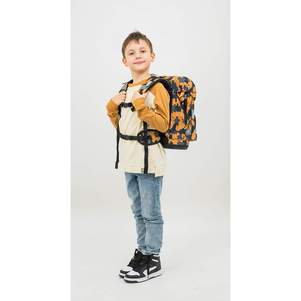 Close-up of ergonomic shoulder straps on Belmil Motion Orange Camouflage School Bag, highlighting comfort features.