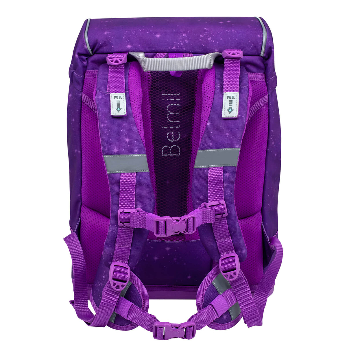 Belmil Motion Purple Sky Backpack with soft handle and magnetic buckle for easy access.