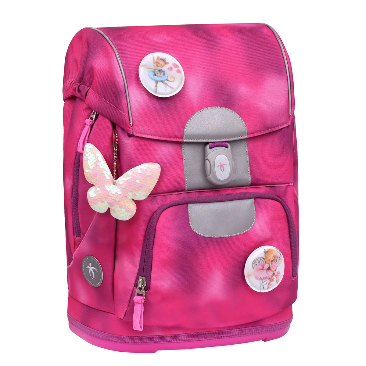 Close-up of the Belmil Motion Shiny Pink Ergonomic School Bag Set – Made from Recycled Materials, 5 pcs, with 9 Interchangeable Patches highlighting the shimmering pink design.