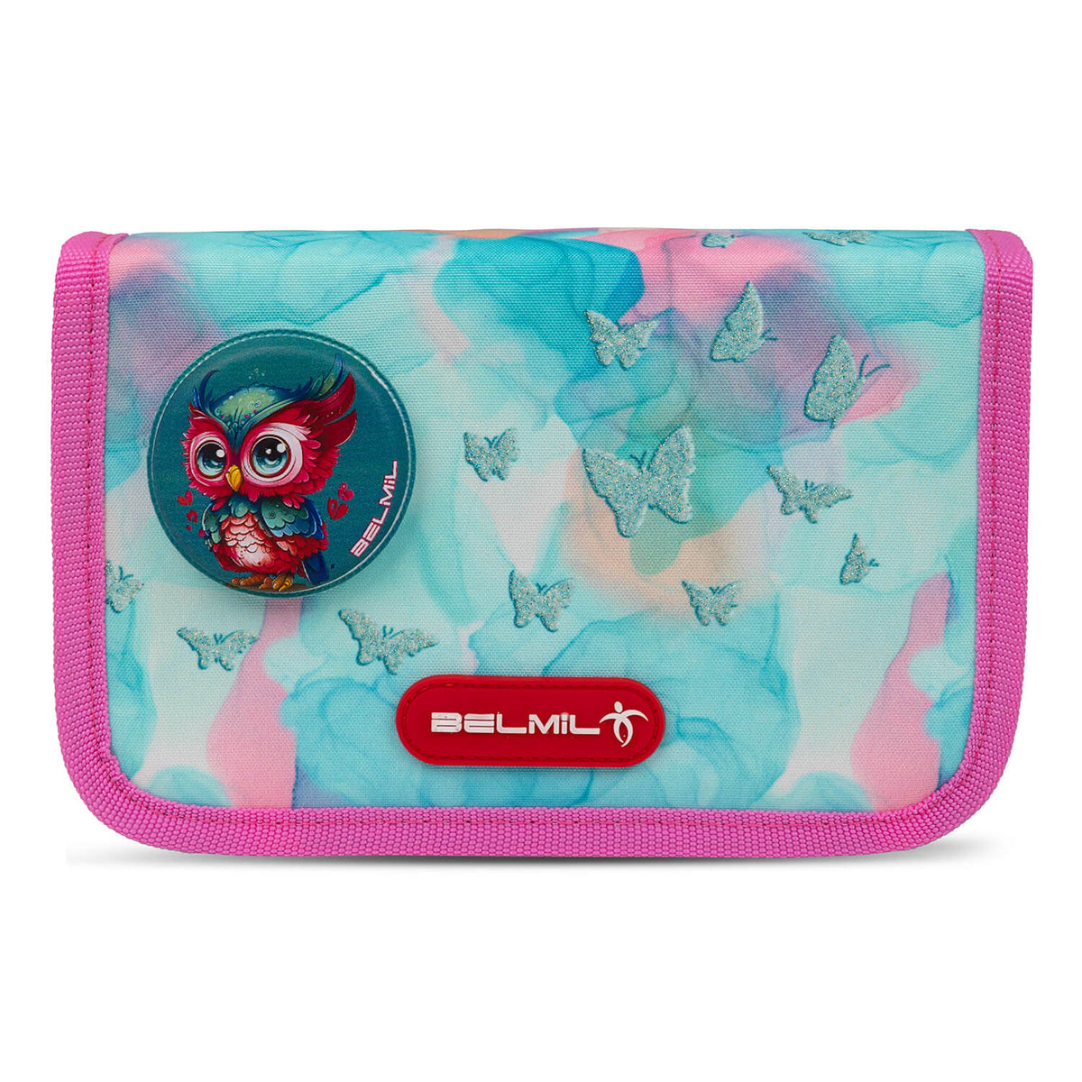 Stylish embroidered Velcro areas on the Belmil Classy Plus Ergonomic School Bag Set for Girls “Aqua Rose” Design + Unicorn Raincoat – 6-Piece Back-Friendly Starter Set.
