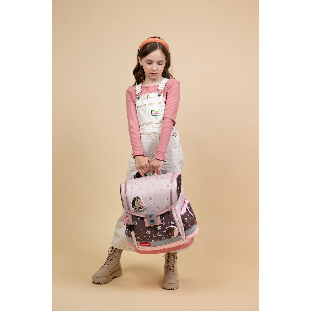 Belmil Classy Plus Champion Horses schoolbag set 4 pcs showcasing multiple compartments ideal for organizing school supplies.